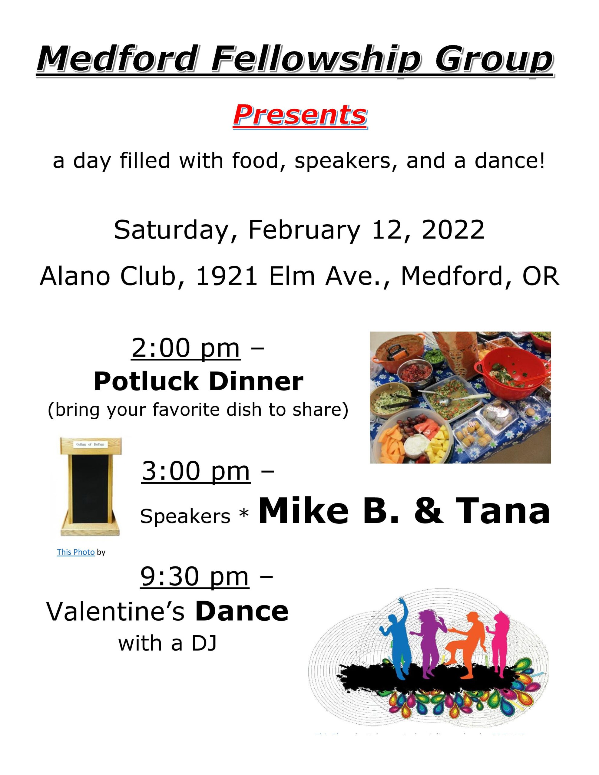 {A.A. EVENT} “Dinner / Speaker / Dance” hosted by Medford Fellowship Group  – 2/12/22