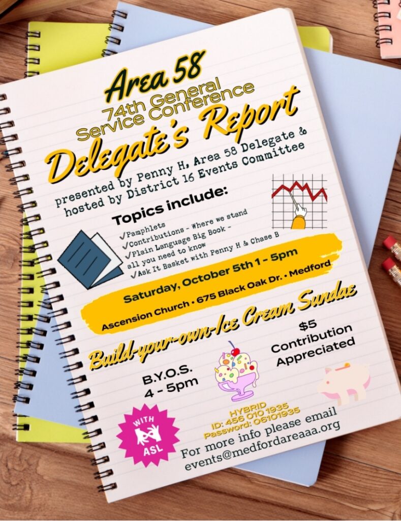 { A.A. Event }   ” 74th General Service Conference Delegates Report”  hosted by Dist 16 & Area 58